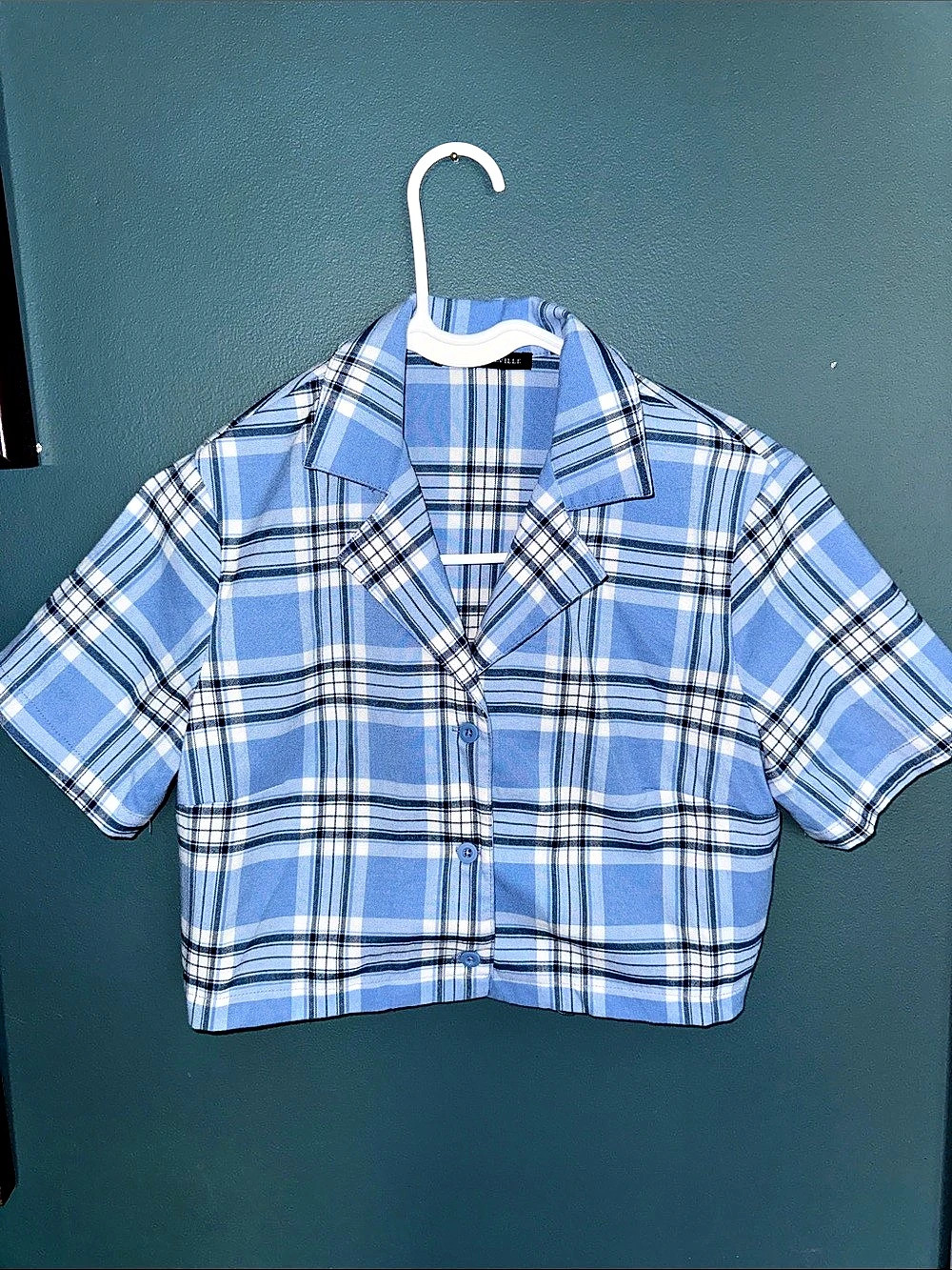 Brandy Melville Vivian Top Plaid Short Sleeve Shirt Blue & White